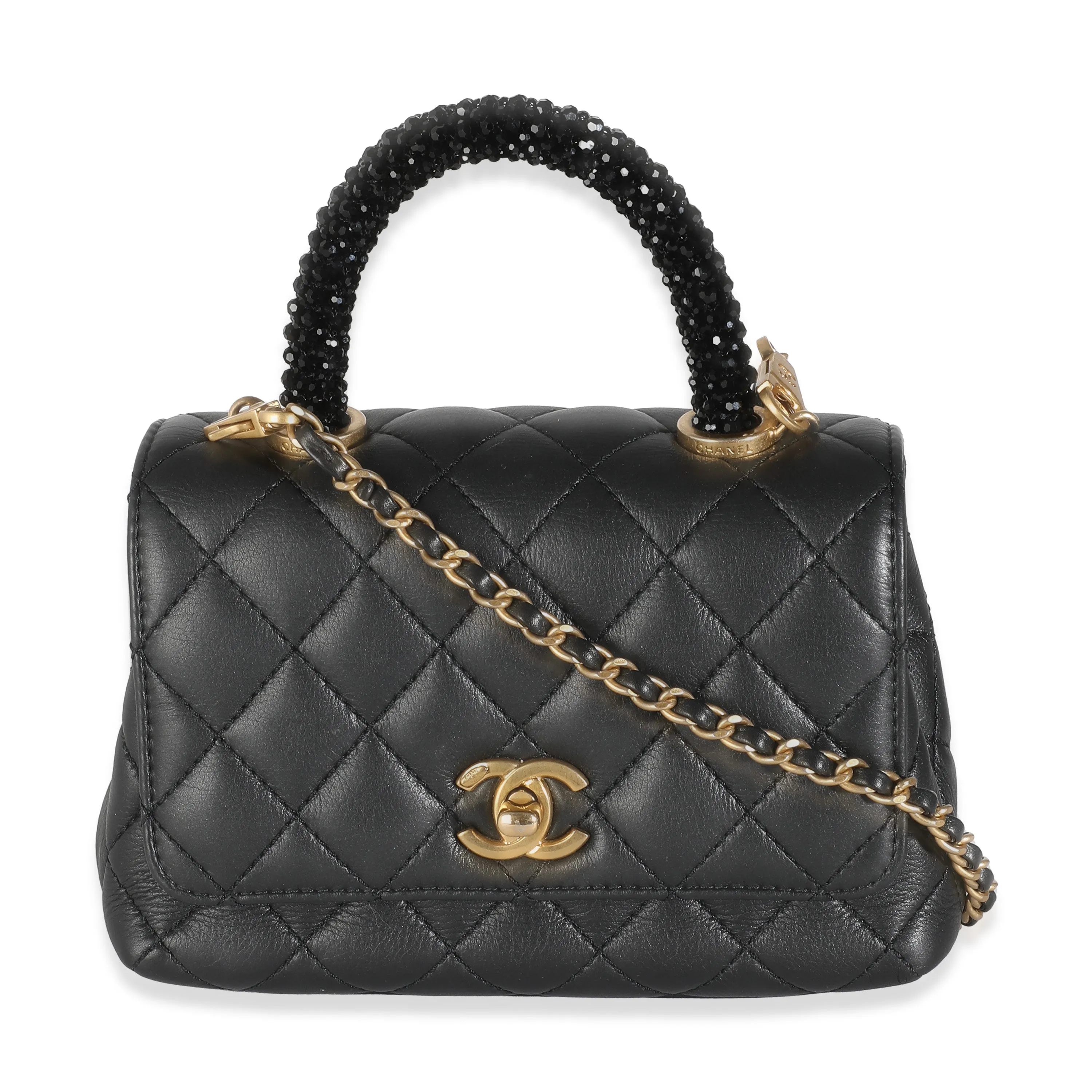 Black Quilted Lambskin Extra Mini Strass Coco Handle Flap Bag