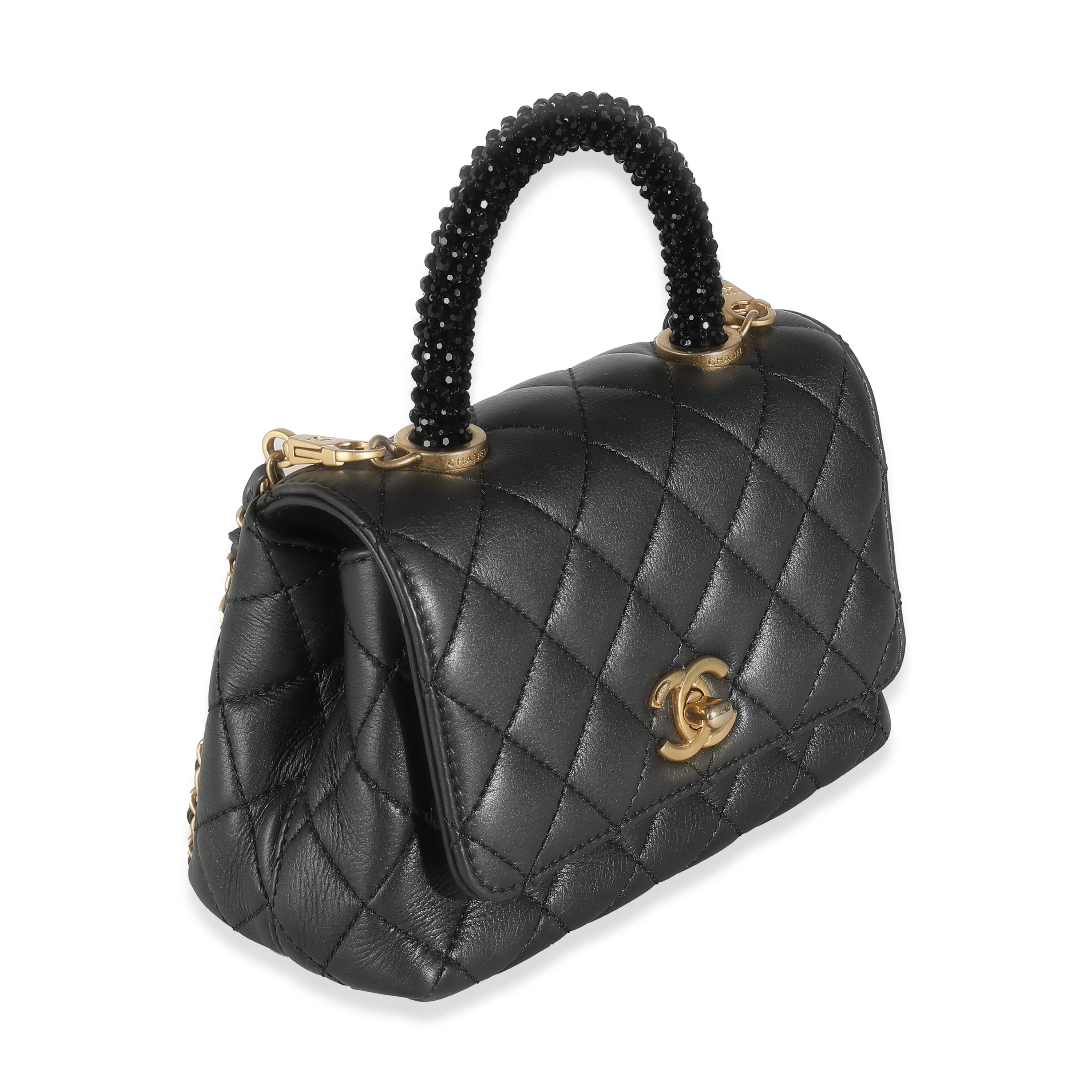 Black Quilted Lambskin Extra Mini Strass Coco Handle Flap Bag