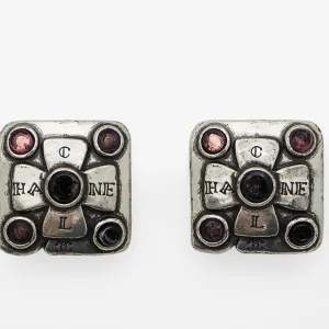CHANEL 99A Vintage Cambon Square Color Stone Earrings Antique Silver Pink