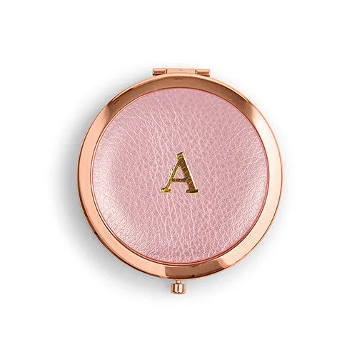 Faux Leather Compact Mirror - Initial Monogram Emboss Gold Pink