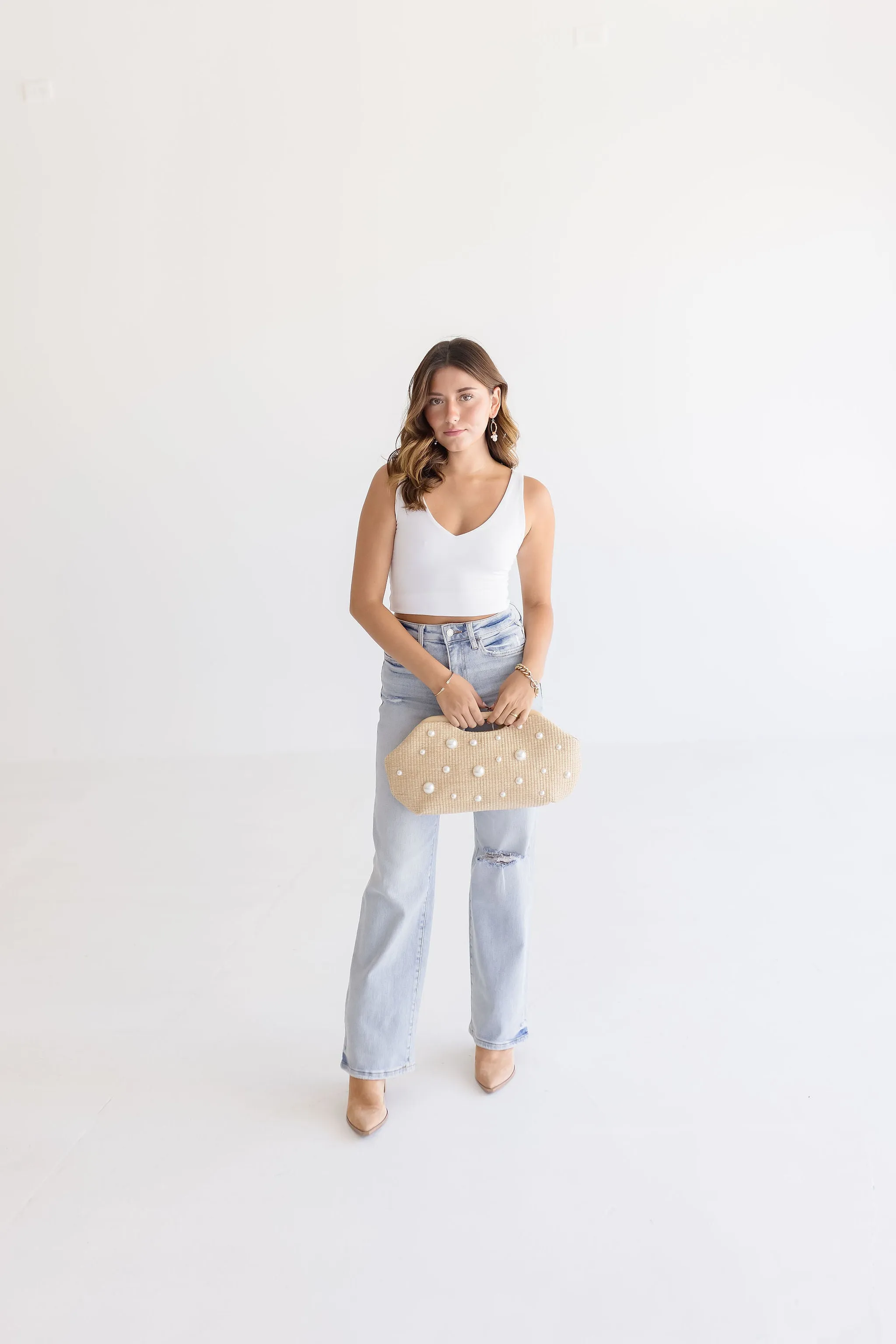 Hudson Straw Pearl Studded Clutch Beige