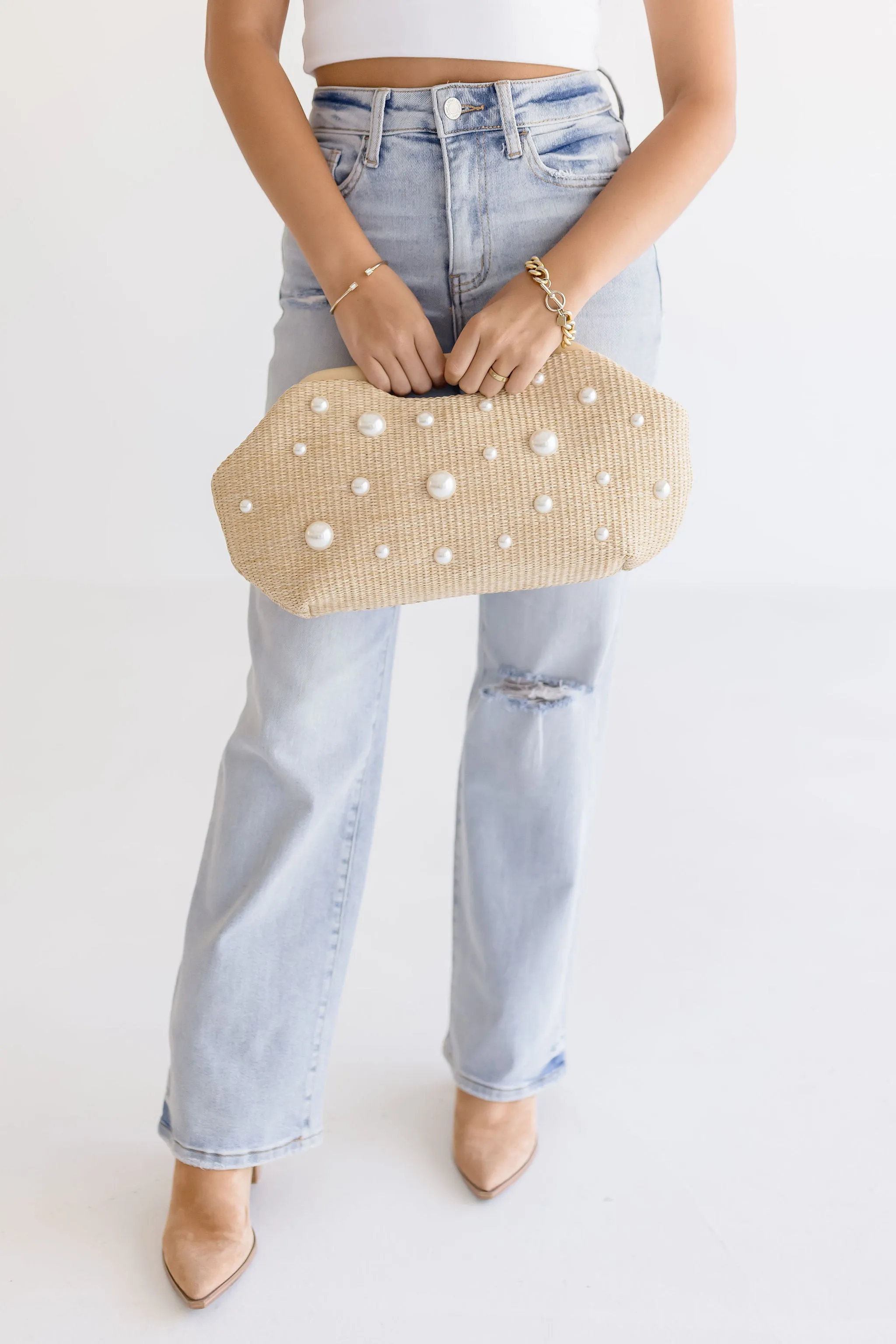 Hudson Straw Pearl Studded Clutch Beige