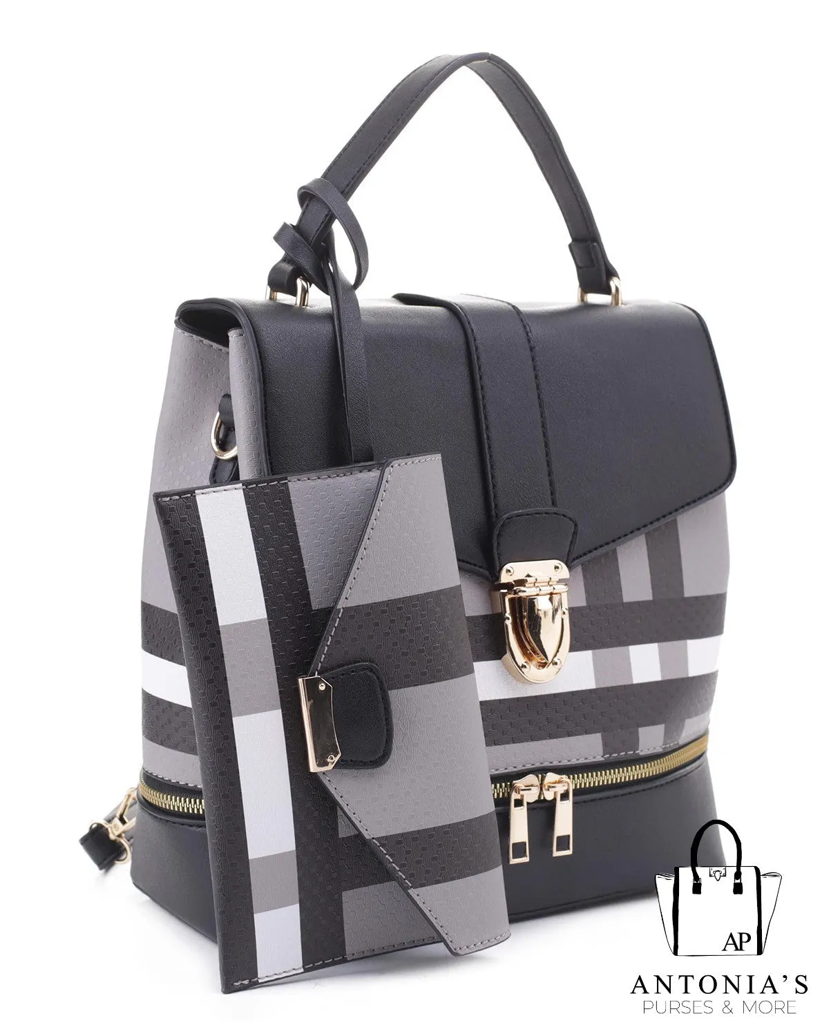 LUXIE COLLECTION FASHION PLAID BACKBACK SET-Black Only