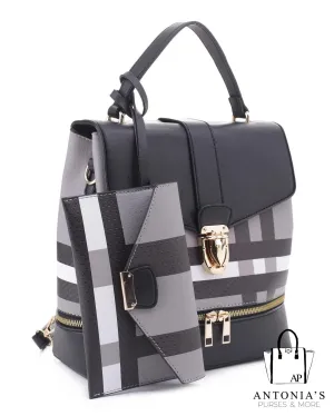 LUXIE COLLECTION FASHION PLAID BACKBACK SET-Black Only