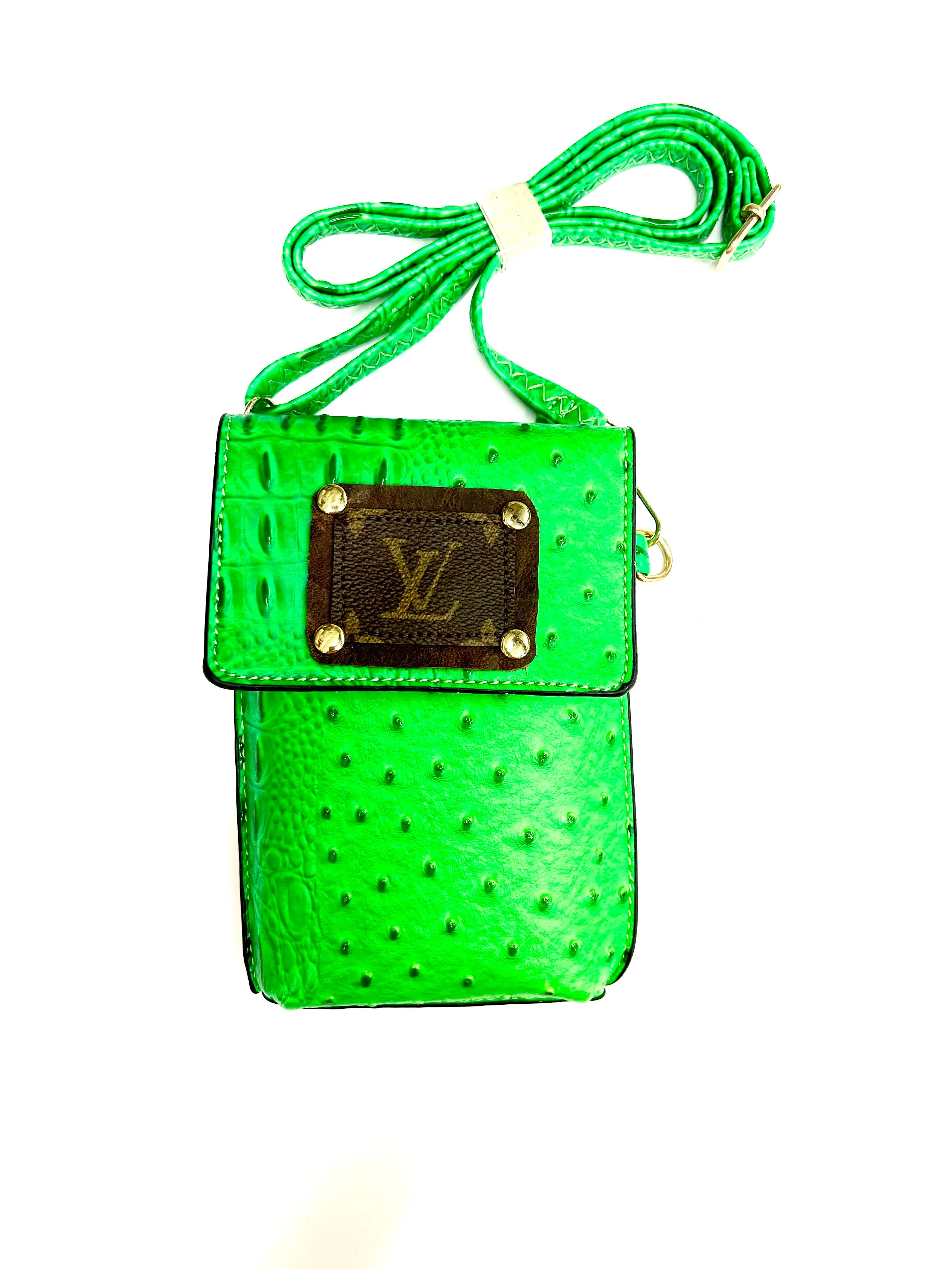 Phone Crossbody Neon Croc (short brown patch, gold hardware)