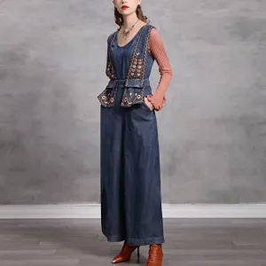 Simple casual retro embroidered denim jumpsuit