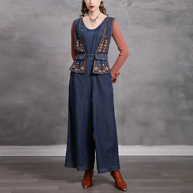 Simple casual retro embroidered denim jumpsuit