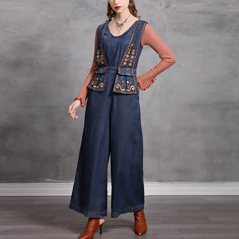 Simple casual retro embroidered denim jumpsuit