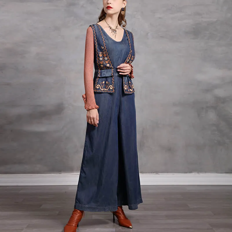 Simple casual retro embroidered denim jumpsuit