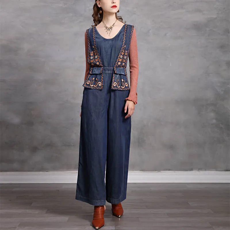 Simple casual retro embroidered denim jumpsuit