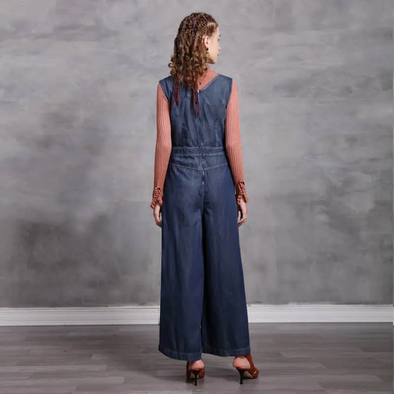 Simple casual retro embroidered denim jumpsuit