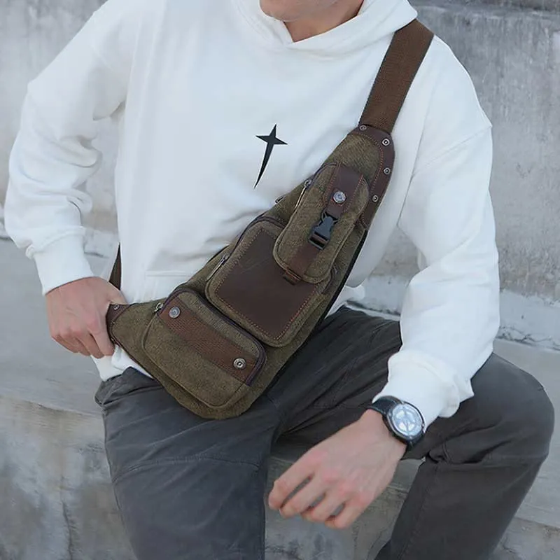 Sling Bag for Men Black Vintage Canvas Business Crossbody Bag