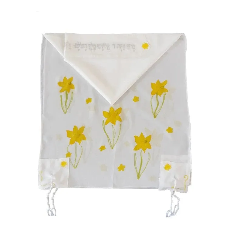 The Daffodils Hand Painted Silk Tallit for Women, Bat Mitzvah Tallit, Women's Tallit Prayer Shawl, Tallit for Girl