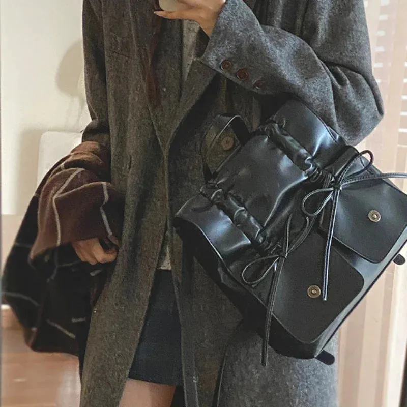 UAKISS  - Girls Sweet Y2k Aesthetic Bow Preppy Backpack All Match Ins Pleated Fashion Backpack Casual Women Students Schoolbags Japanese