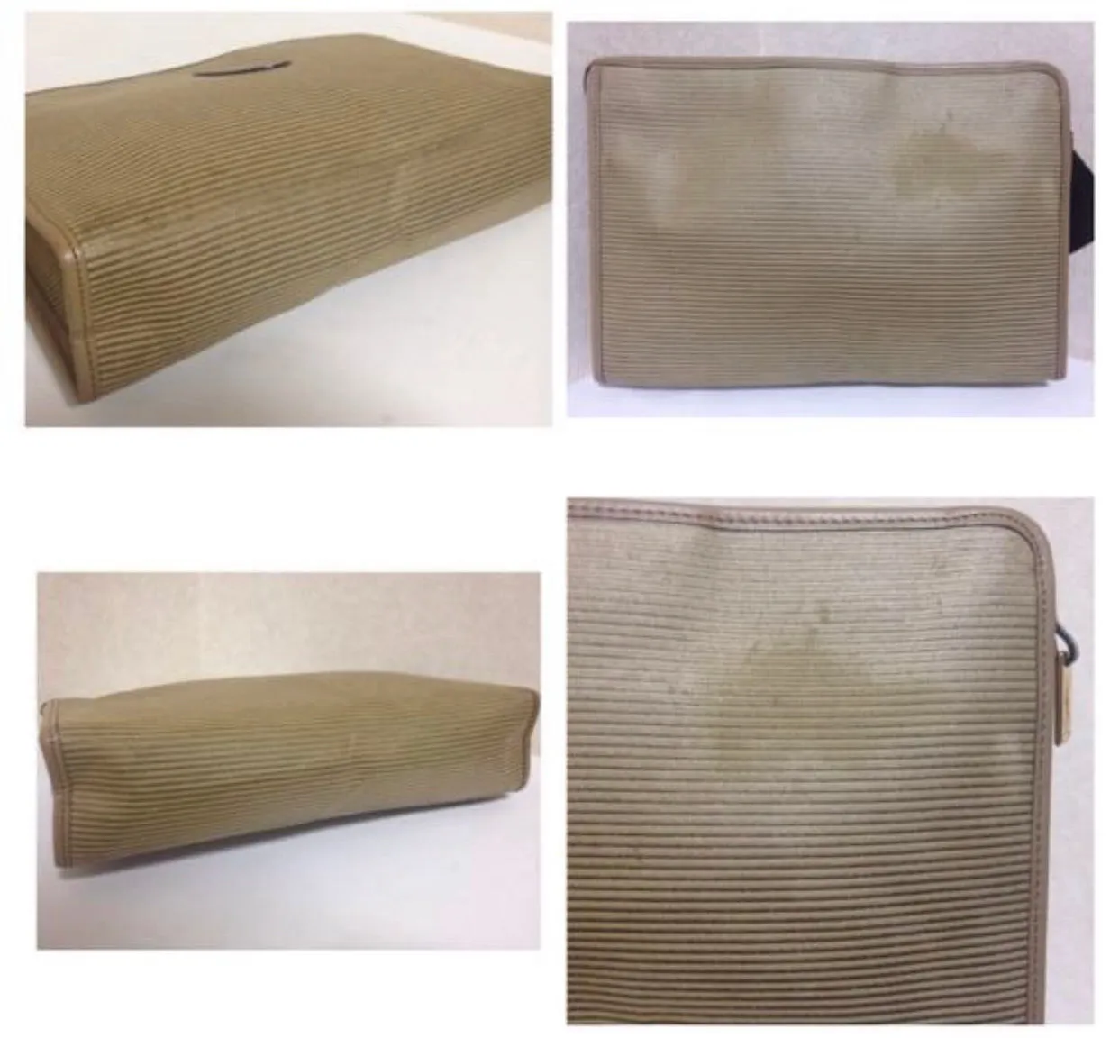 Vintage Yves Saint Laurent khaki beige clutch pouch, makeup case classic bag with leather trimmings.