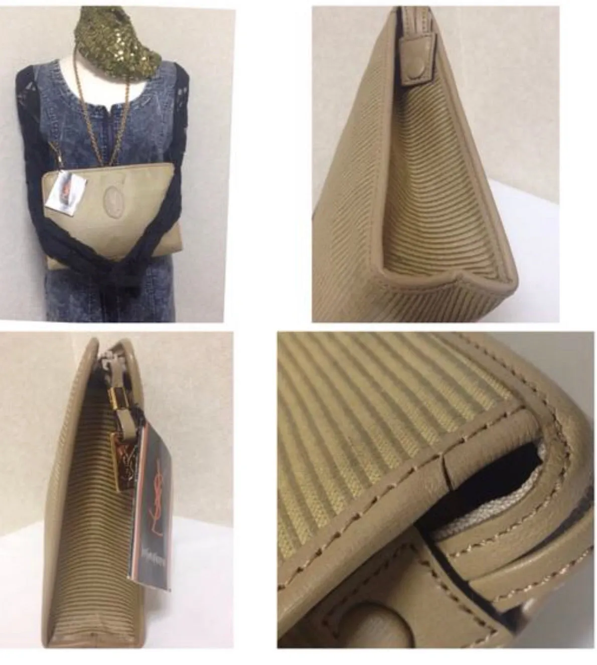Vintage Yves Saint Laurent khaki beige clutch pouch, makeup case classic bag with leather trimmings.